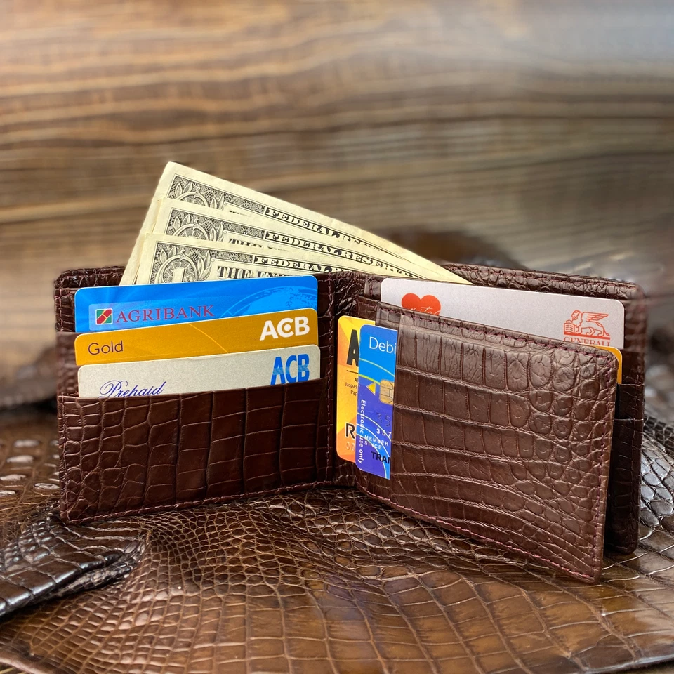 Billetera Doble Lado Marrón Cocodrilo Doble Plegable Hombres Cuero Genuino Billetera RFID  Foto 2 de 4