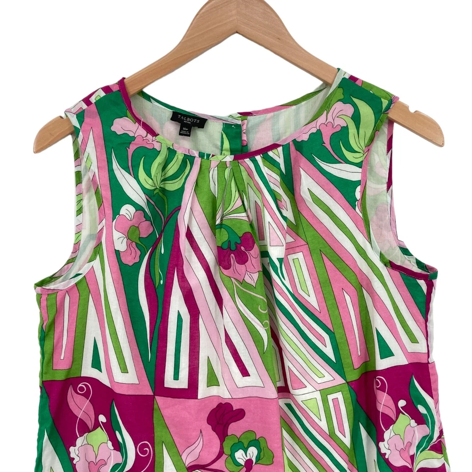Talbots Tank Top Womens Petite 10P Multicolor Geo Print 100% Cotton Button Back - Image 4 of 4