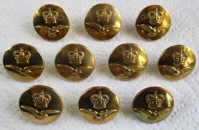 10x RAF: ''ROYAL AIR FORCE BRASS GREATCOAT BUTTONS'' (23mm, 1950's, Gaunt, London)