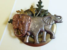 TRI COLOR  METAL ELEPHANT & OAK LEAF  PIN BROOCH