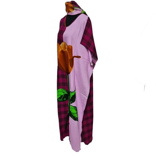 Femmes Rose Coton à Carreaux Floral Multicolore Caftan Gratuit Taille + Écharpe - Photo 4 sur 7