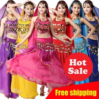 New Handmade Beaded Belly Dance Costume Set Bollywood Bra Top Hip scarf Skirt