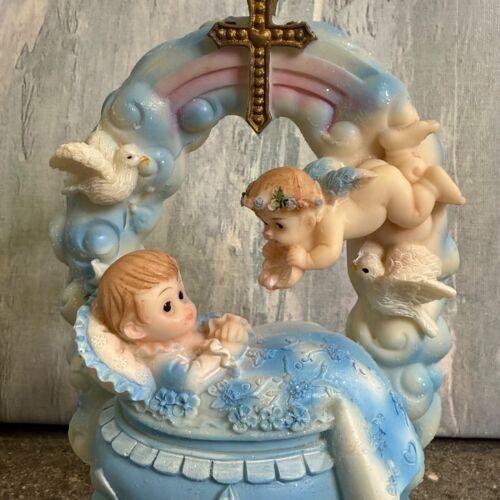 Statua statuina cherubino bambino angelo colomba croce fiore arcobaleno ragazzo baby shower (km) - Foto 2 di 6