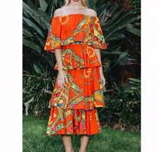 Rhode Resort Red Lulu Printed Off The Shoulder Tiered Midi Maxi Dress Size XS