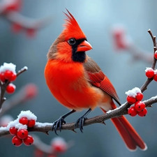 Vibrant Red Cardinal on Branch with Snow Covered Berries 5D Diamond Art 40x40