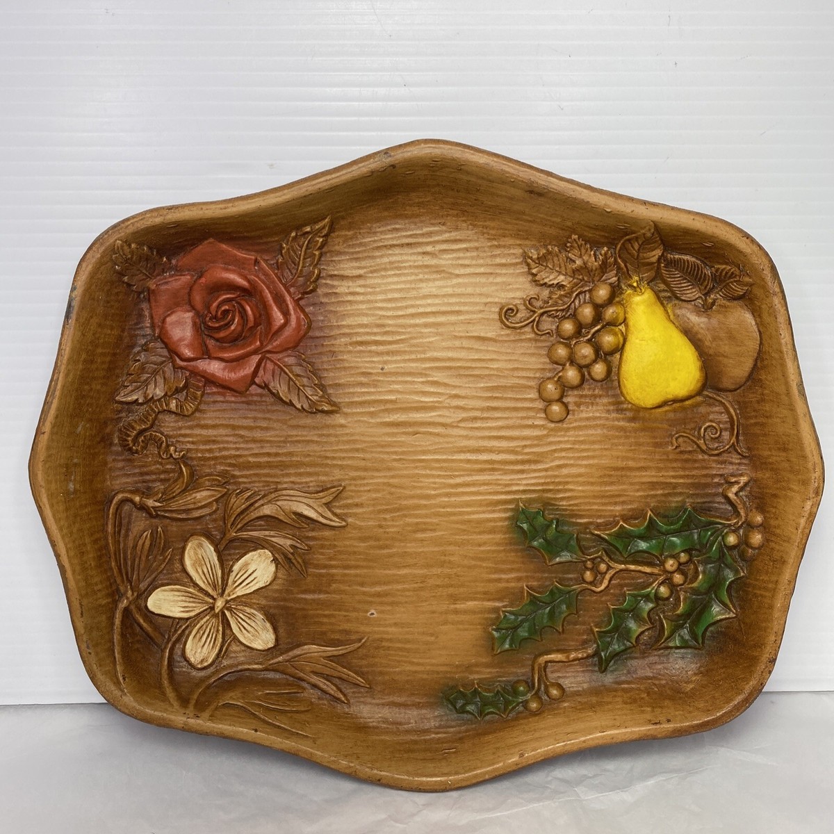 Multi Products Inc Faux Wood Tray USA Rose Fruit Flower Holly
