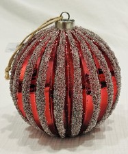 6" Pottery Barn SPARKLY BALL ORNAMENT Red Silver GLITTER Stripe CHRISTMAS TREE