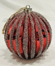 6" Pottery Barn SPARKLY BALL ORNAMENT Green Silver GLITTER Stripe CHRISTMAS TREE