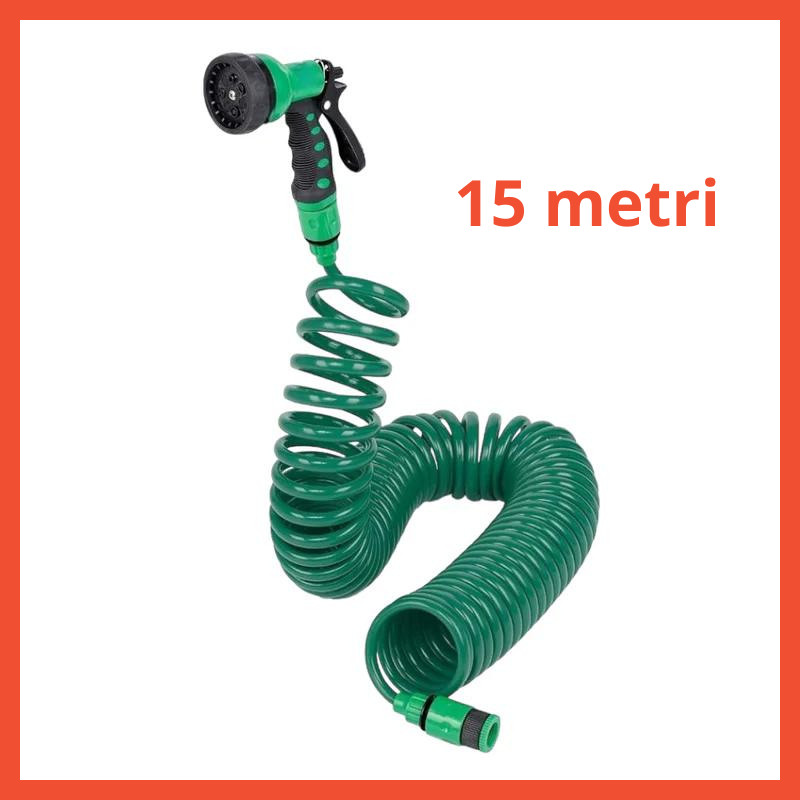 Tubo per Acqua da Giardino in Gomma Estensibile Spiralato 15 Metri Irrigazione