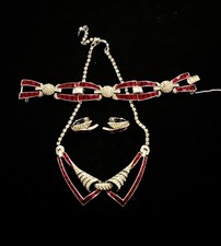 Boucher Signed Faux Ruby & Rhinestone Set. Necklace, Bracelet & Earrings.