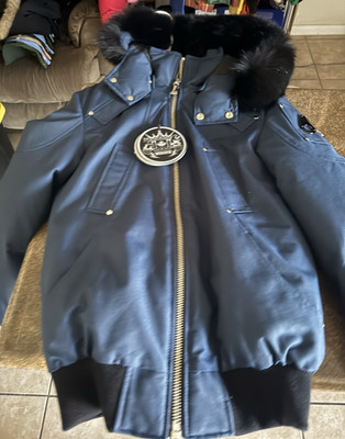 Moose Knuckles Bomber Jacket Jasper Blue Fur Trim Hood Down Insulated Men's S