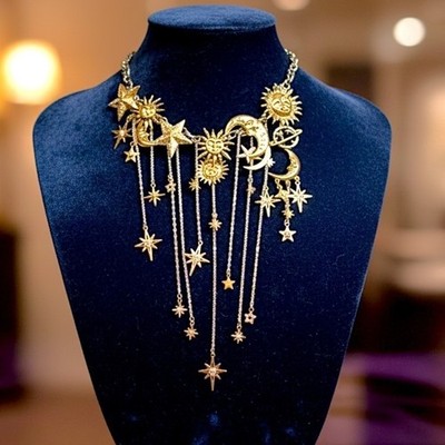 New Celestial Moon Sun Star Dangle Necklace Gold Statement Chunky Ravenclaw