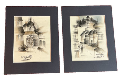 2 Architectual Charcoals by  Christine Angel (Julias Sta Holly) signed