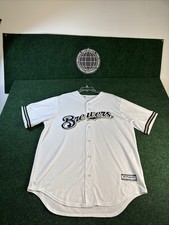Men Milwaukee Brewers Majestic Cool Base White Full Buttons Jersey Size Large