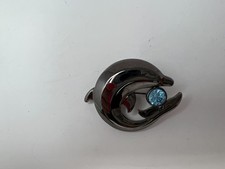 Liz Claiborne Dolphin Brooch Black Metal Pin 1.75" w/Blue Stone Vintage