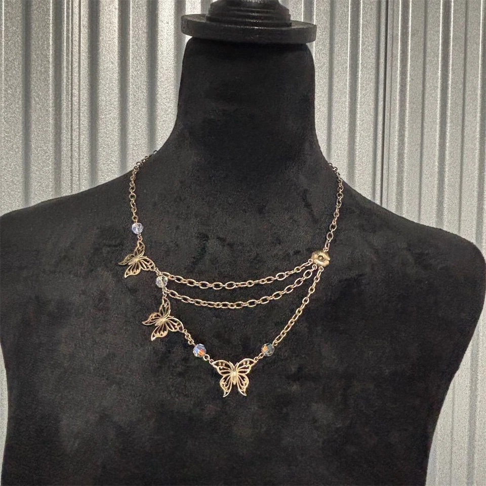Collar Lenox Mariposa Capas Tono Dorado Cristales AB Multi Hilo Joyería Foto 4 de 4