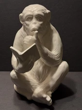 Monkey figurine, holding book & reading, ceramic. Vintage Fitz and Floyd.