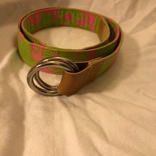 Lilly Pulitzer belt pink green floral silver buckle tan leather accents size L
