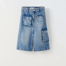 Zara Kids 10 Distressed Denim Jean Skirt Cargo Pockets Midi Back Slit 4302/708