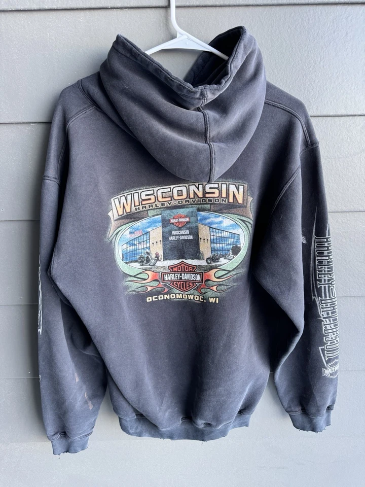 Sudadera con Capucha Harley Davidson Distressed Años 90 00 Calavera Negra Llamas Desteñidas Foto 3 de 4