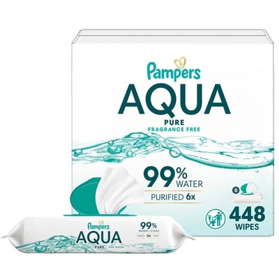 Pampers Aqua Pure Baby Wipes, 99% Water, Unscented, 8-Pack 448 Total Wipes