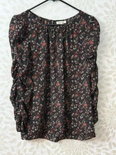 Max Studio Women’s M Black Floral Rouched Long Sleeve Lightweight Top Blouse