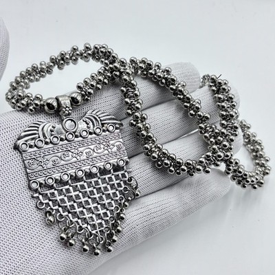 Oxidized Silver-Plated Pendant Necklace Set for Women with Hoop Earring,Bracelet