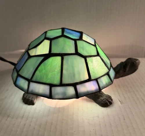 Vintage Stained Glass Tiffany Style Turtle Accent Table Lamp Night Light Decor