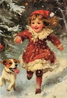 Grußkarte* Kunstlerkarte* Vintage Weihnachten* Ein Mädchen spielt mit einem Hund