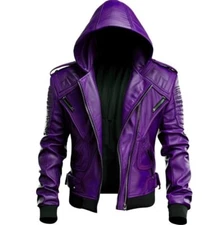 New Handmade Purple Stylish Hooded Leather Jacket Formal Wear For Mens