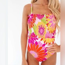 J.Marie Floral Print Smocked Ruffle Waist One Piece Swimsuit