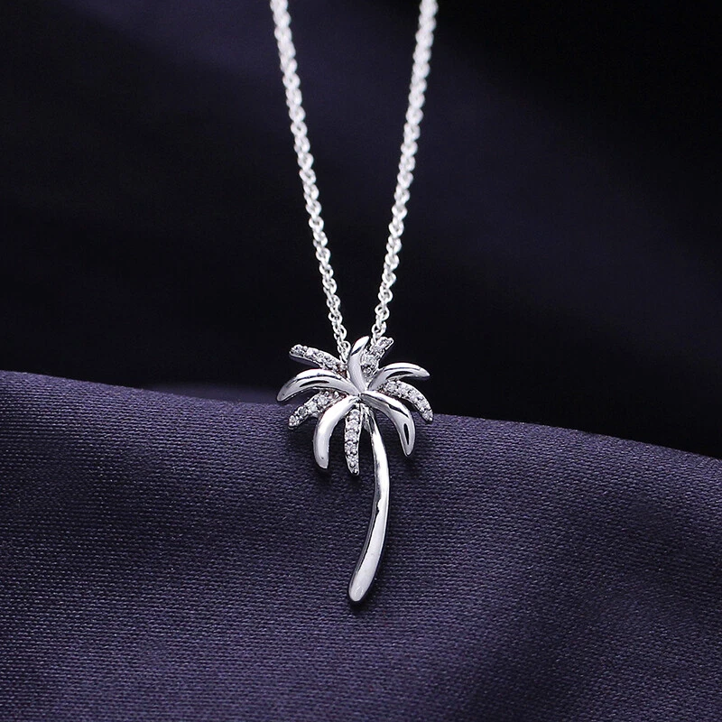 Colar de ouro maciço 10K pingente de palmeira com destaque de diamante redondo natural 18" - Imagem 2 de 4