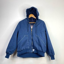 Vintage Lady Liberty Denim Hooded Work Wear Bomber Utility Chore Jacket Women Xl