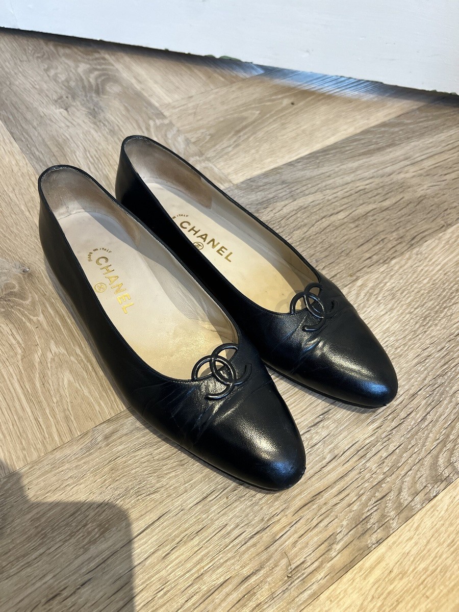 Super Rare vintage Chanel black leather plastic logo ballerina