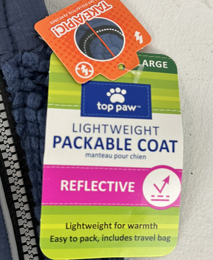 Large Lightweight￼ Packable REFLECTIVE Dog Coat Blue Quilted