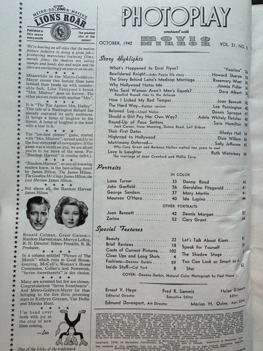Photoplay Movie Mirror Magazine Oct 1942 Durbin, Lana Turner