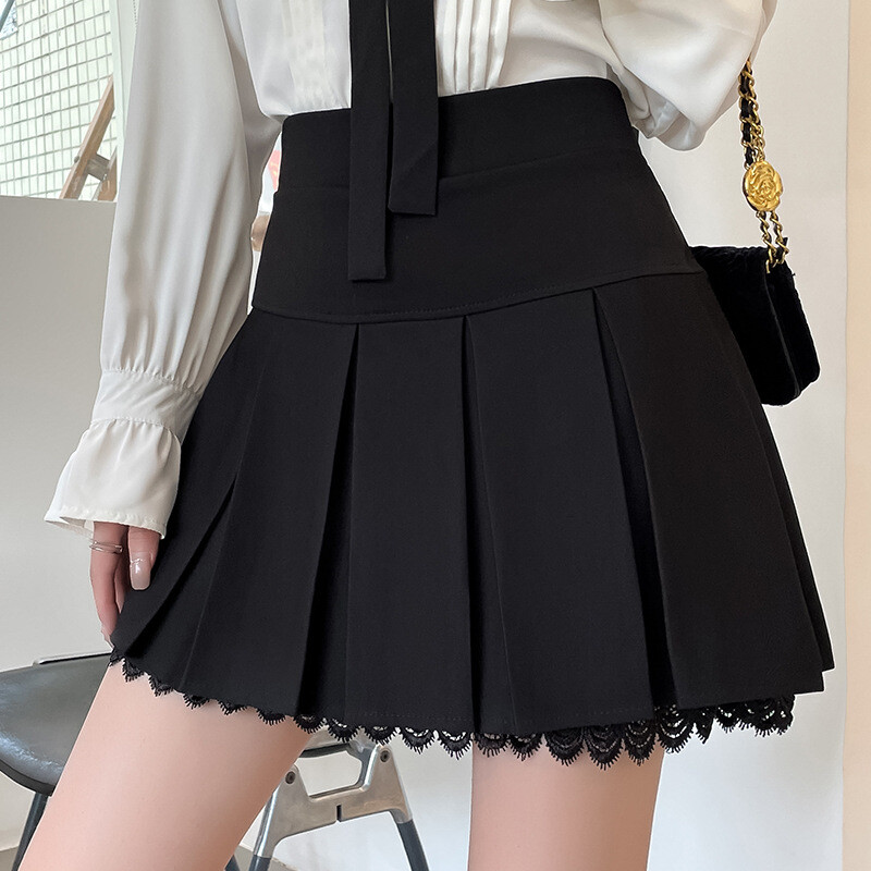 Women A Line Pleated Mini Short Skirt Lace Trim High Waist Preppy