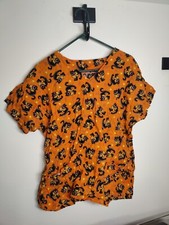 Handmade Large Women's Scrub Top Halloween Black Cat Orange
