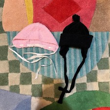 Vintage Baby Hat Knitted Lot Of 2 Pink Black Warm Winter One Size Handmade