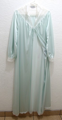 Vintage MISS ELAINE Robe Long Lace 1980s Seafoam Green Slinky Nylon Lingerie S - Picture 2 of 9