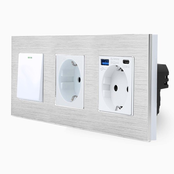 Wipp Lichtschalter Wandschalter Steckdose Schuko Usb A/C Alurahmen Up LUXUS-TIME-image
