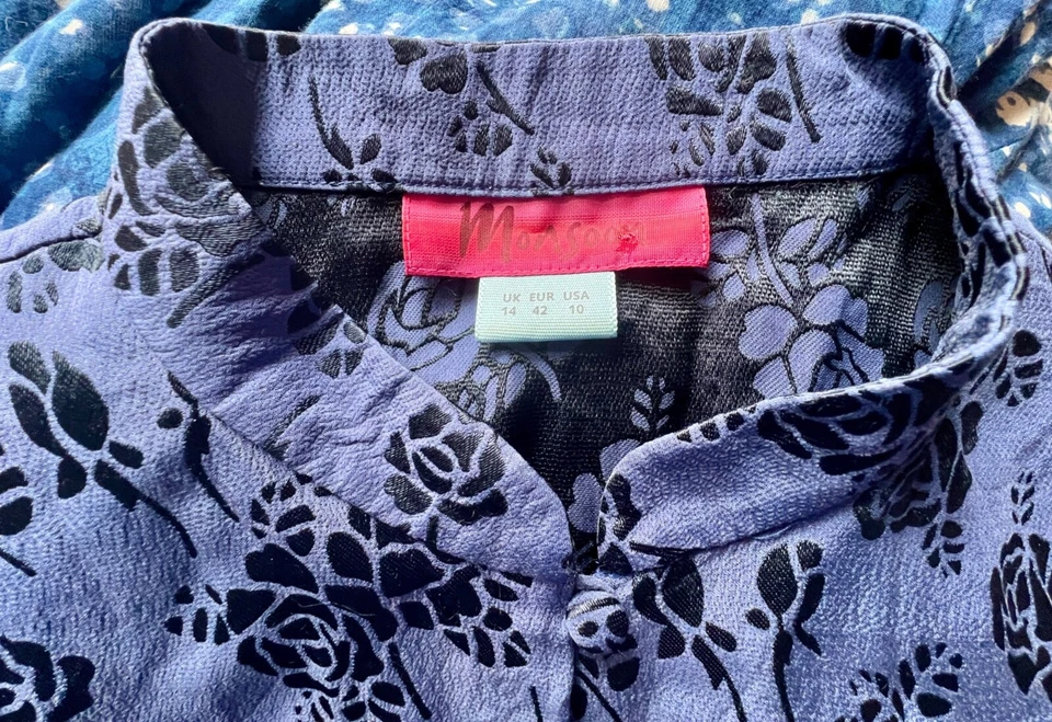 Top túnica Monzón 14 púrpura azul mezcla seda floral oriental mangas cortas Foto 2 de 4