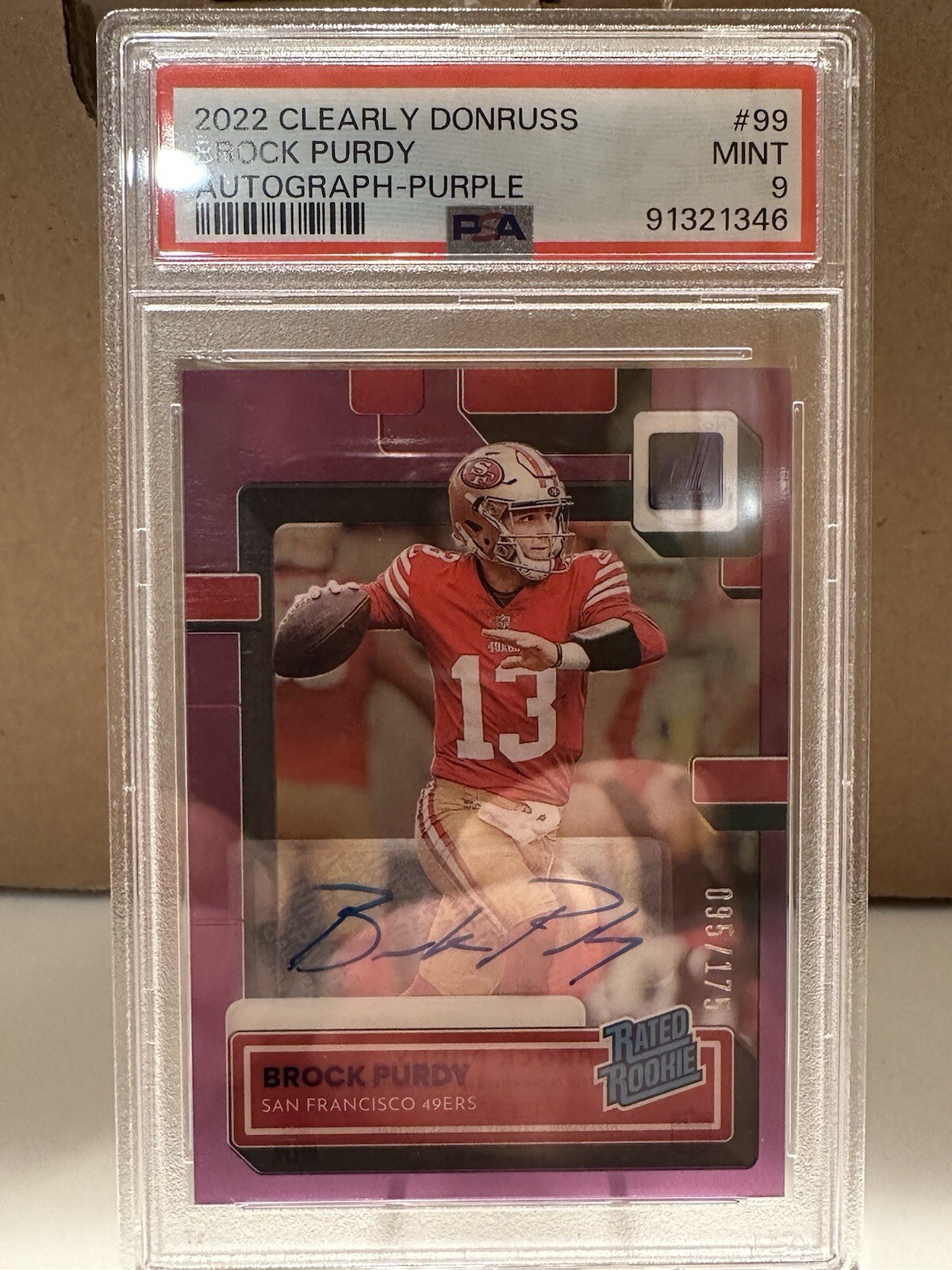 2022 Clearly Donruss Brock Purdy Purple Rated Rookie Auto RC #95/175 PSA 9 MINT
