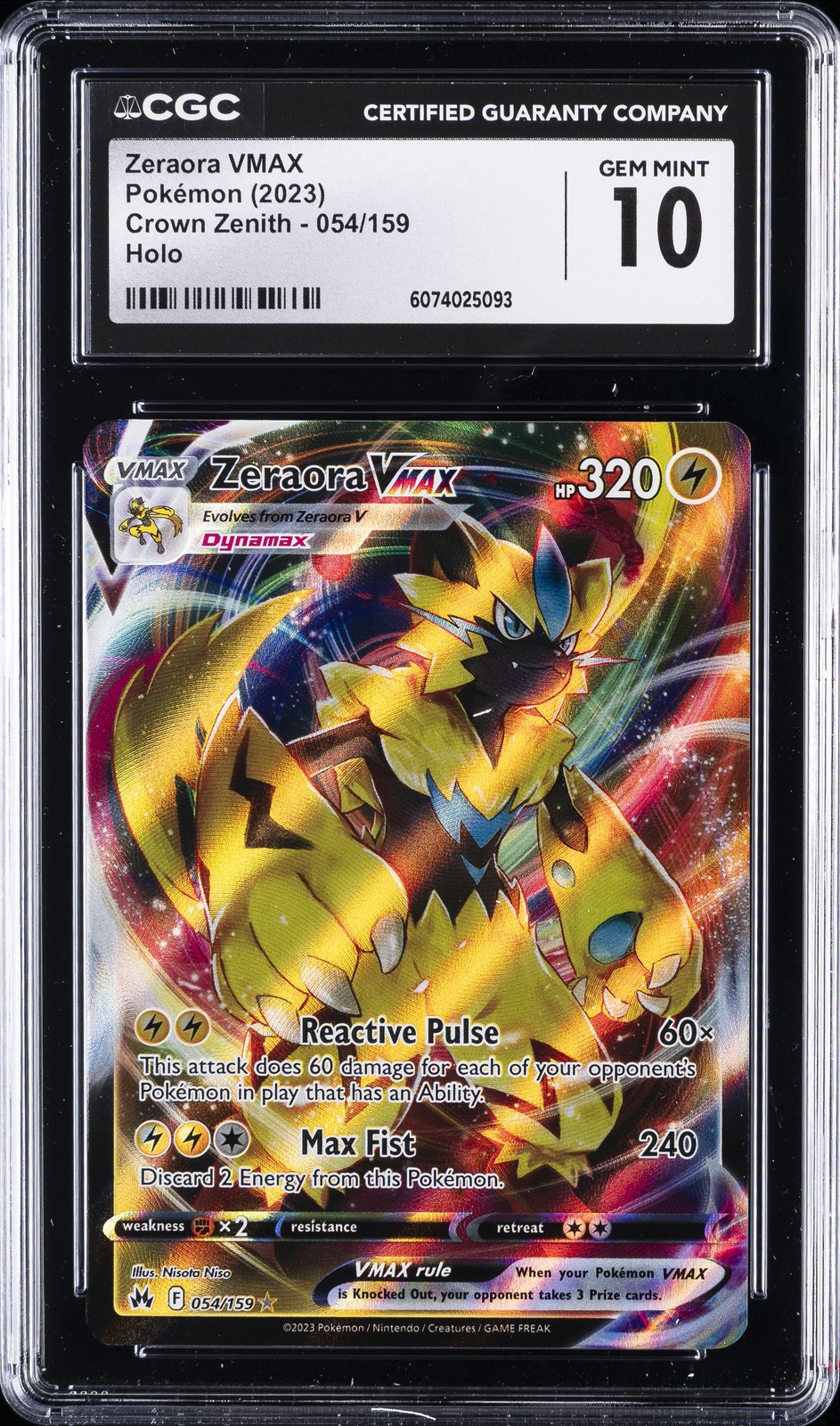 2023 POKEMON CROWN ZENITH HOLO #054/159 ZERAORA VMAX CGC 10 GEM MINT