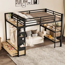 Metal Full Size Loft Bed Frame with Wardrobe,Storage Shelves and Pegboard,Black 