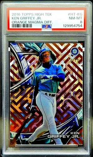 2016 High Tek Ken Griffey Jr Orange Magma Diffractor /25 Mariners PSA 8 HOF