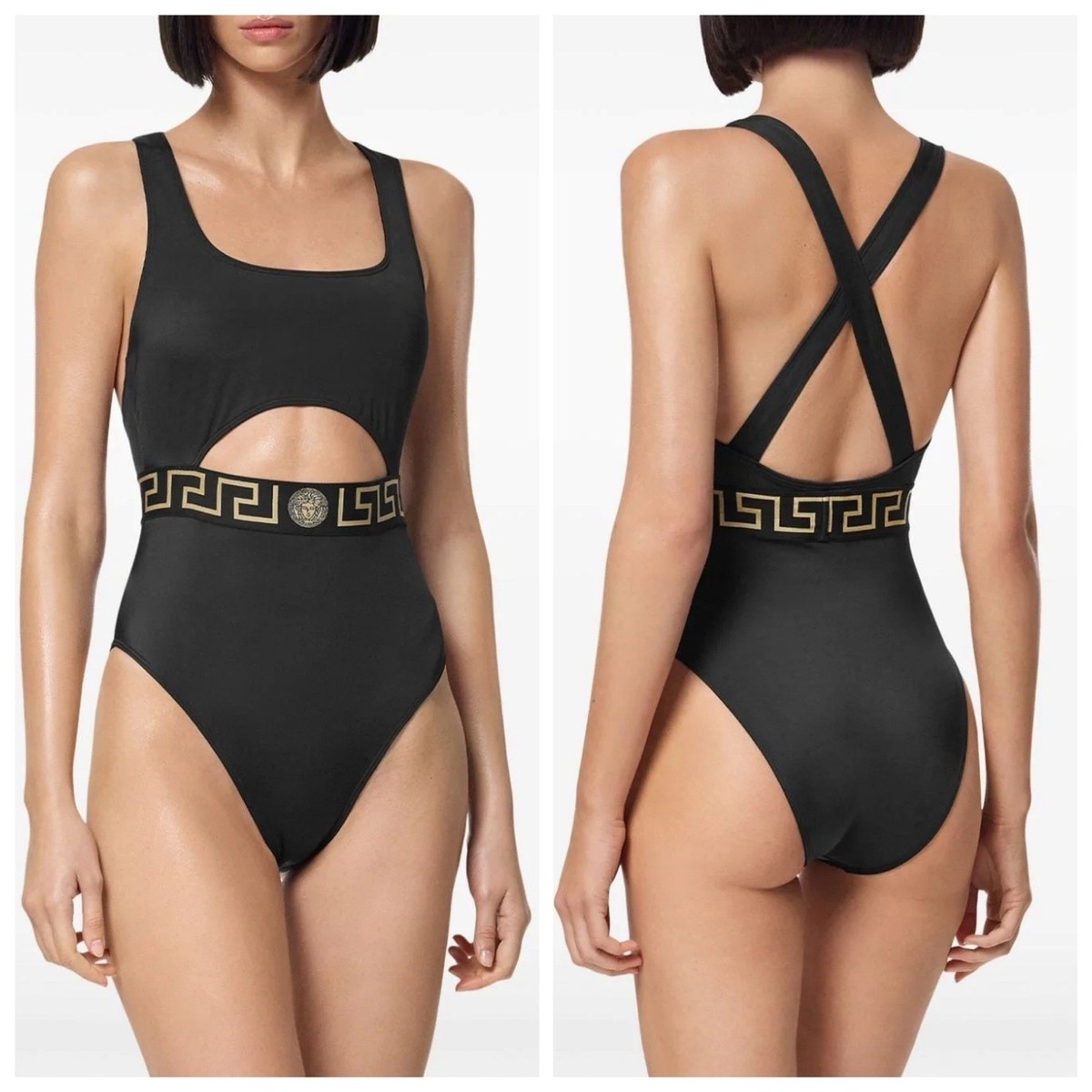 NWT Versace Swimsuit Size 2/ S Greca Belt Cut Out One Piece Black