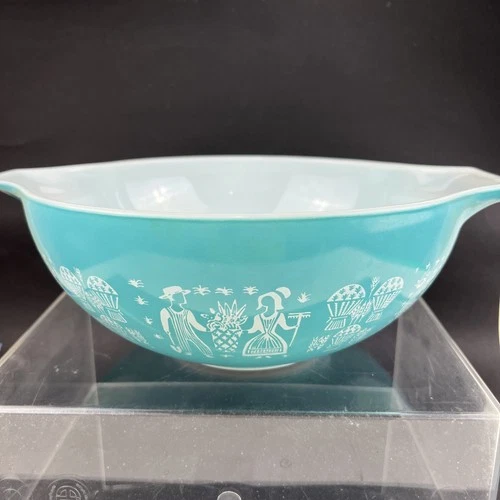 Vtg PYREX Amish Butterprint Turquoise White #444 4 Qt Cinderella Bowl READ