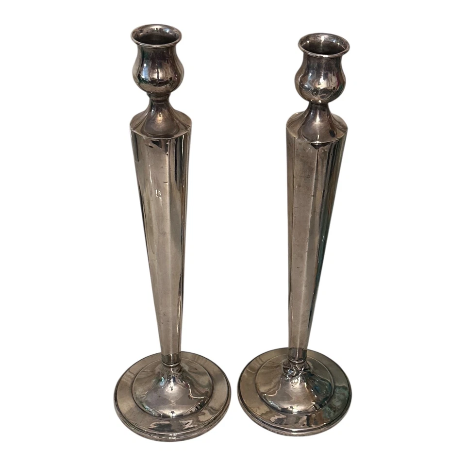 M Fred Hirsch Sterling Silver Candlesticks Pair 11 Inch Cement Weighted Art Deco - Image 4 of 4