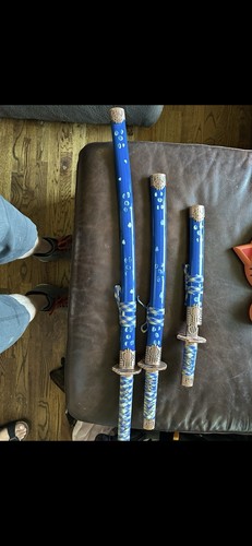 Blue Cord Wrapped Japanese Katana Sword Set, Samurai Theme, Single Curved Edge